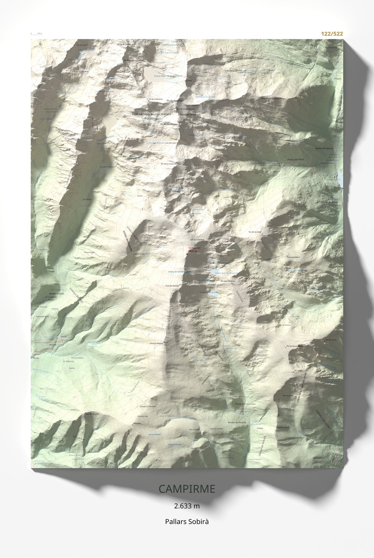 Mapa de relieve de Campirme, 2633 m, Pallars Sobirà, lámina 100 Cims de Trobart 61 × 91 cm.