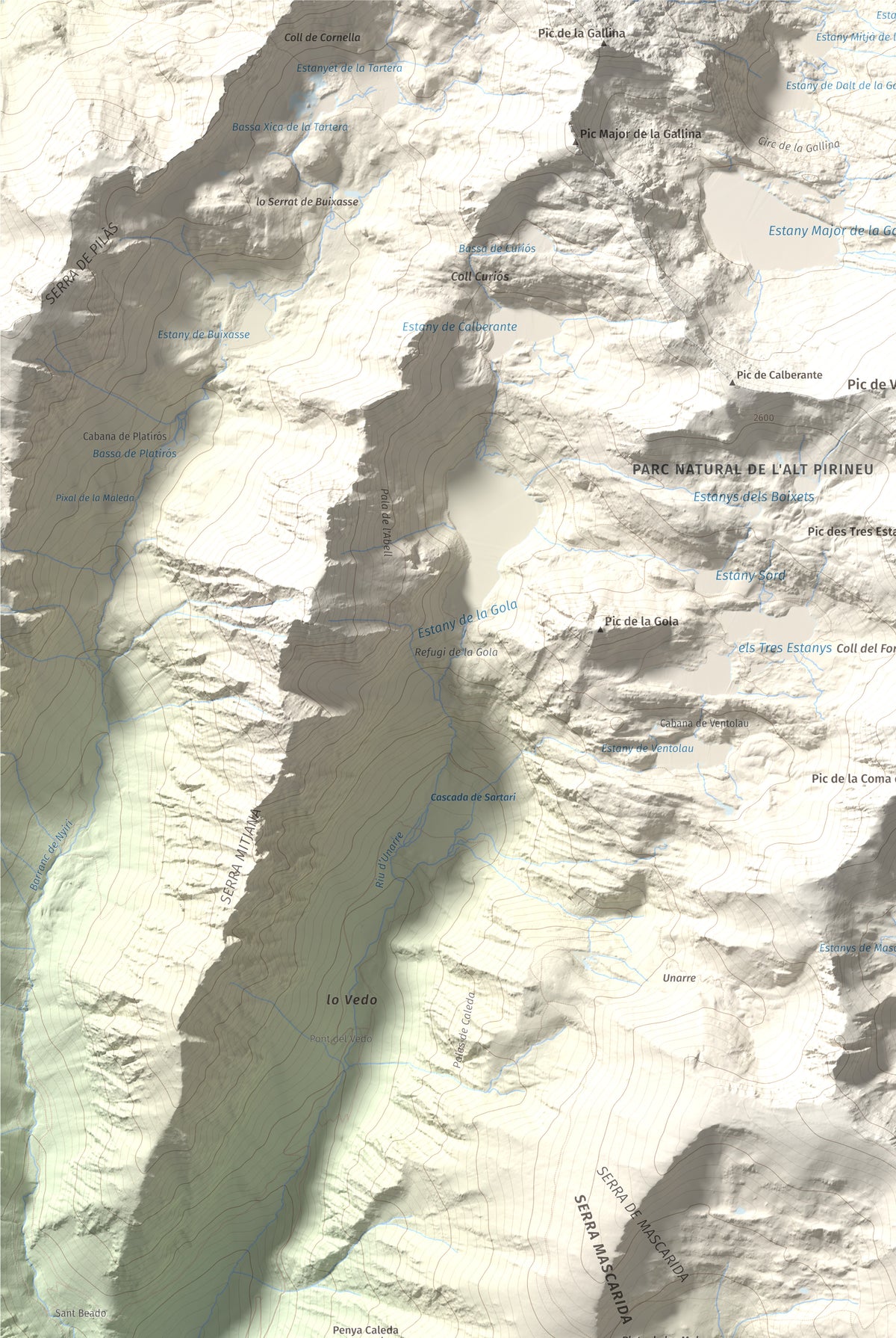 Mapa de relieve de Campirme, 2633 m, Pallars Sobirà, lámina 100 Cims de Trobart. Detalle de la zona superior izquierda. 61 × 91 cm.