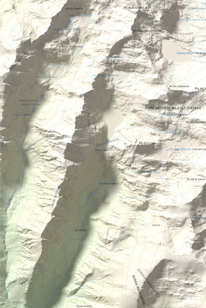 Mapa de relieve de Campirme, 2633 m, Pallars Sobirà, lámina 100 Cims de Trobart. Detalle de la zona superior izquierda. 61 × 91 cm.