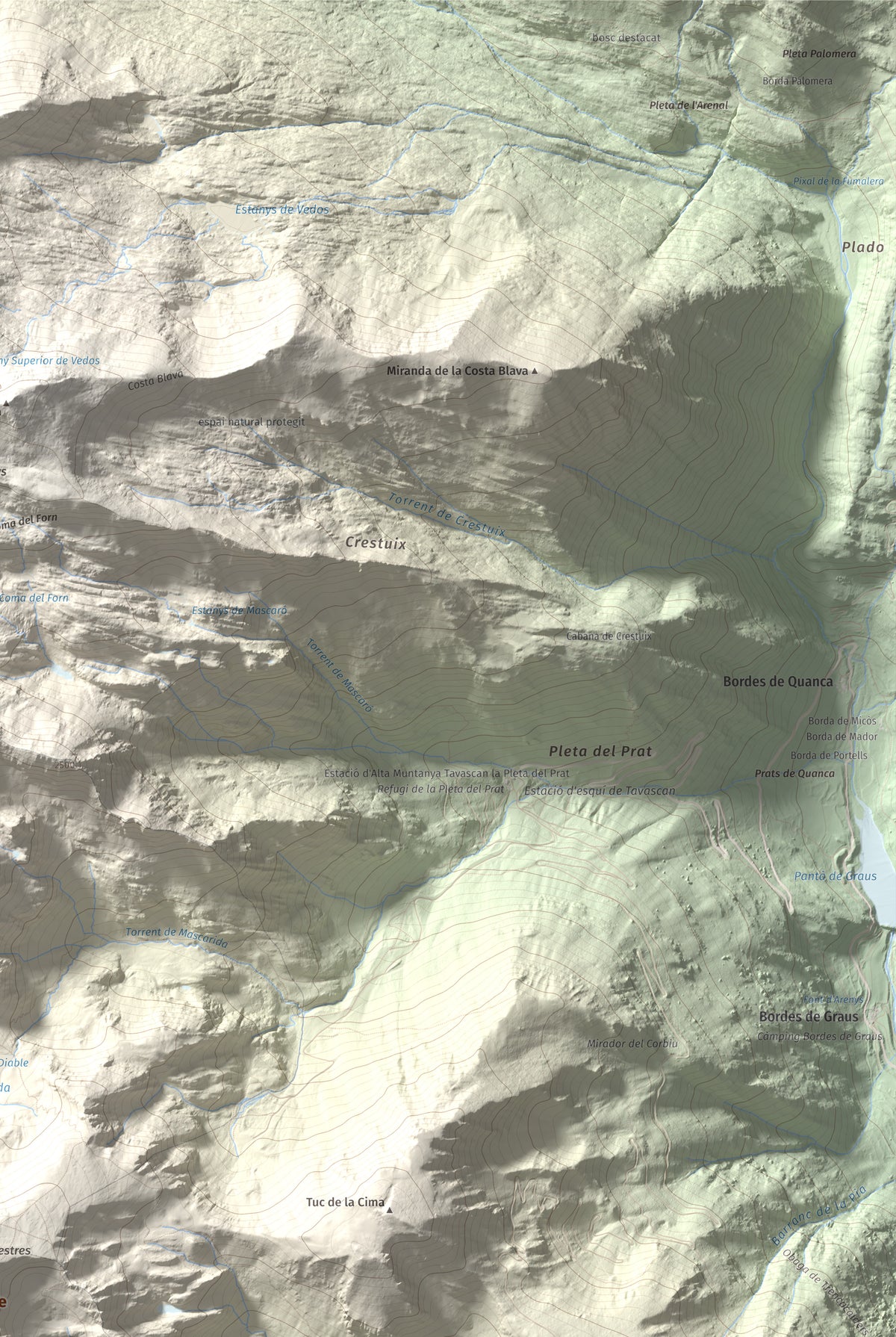 Mapa de relieve de Campirme, 2633 m, Pallars Sobirà, lámina 100 Cims de Trobart. Detalle de la zona superior derecha. 61 × 91 cm.