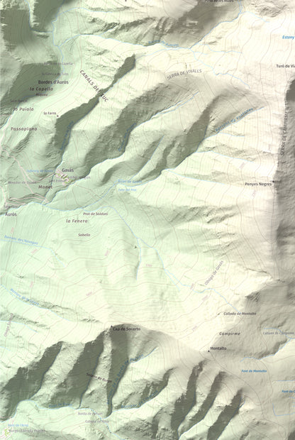 Mapa de relieve de Campirme, 2633 m, Pallars Sobirà, lámina 100 Cims de Trobart. Detalle de la zona inferior izquierda. 61 × 91 cm.