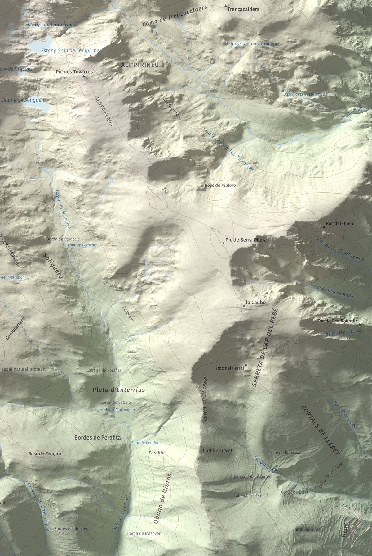 Mapa de relieve de Campirme, 2633 m, Pallars Sobirà, lámina 100 Cims de Trobart. Detalle de la zona inferior derecha. 61 × 91 cm.