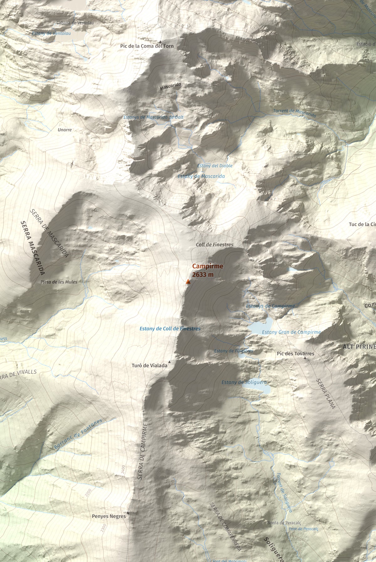Mapa de relieve de Campirme, 2633 m, Pallars Sobirà, lámina 100 Cims de Trobart. Detalle de la zona central. 61 × 91 cm.