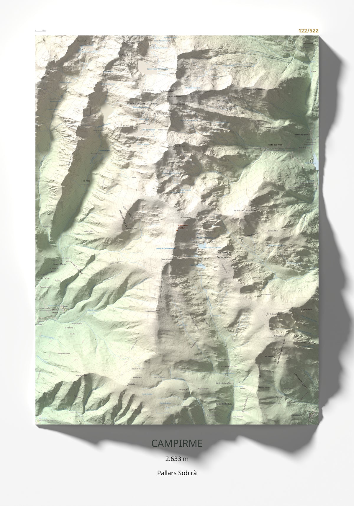 Mapa de relieve de Campirme, 2633 m, Pallars Sobirà, lámina 100 Cims de Trobart 70 × 100 cm.