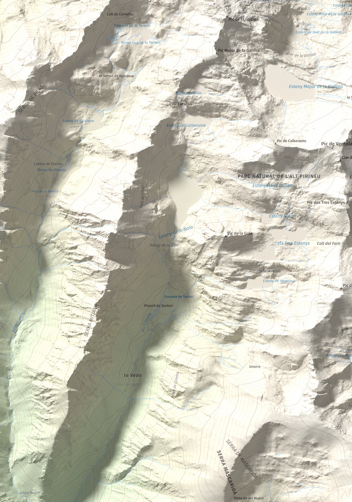 Mapa de relieve de Campirme, 2633 m, Pallars Sobirà, lámina 100 Cims de Trobart. Detalle de la zona superior izquierda. 70 × 100 cm.