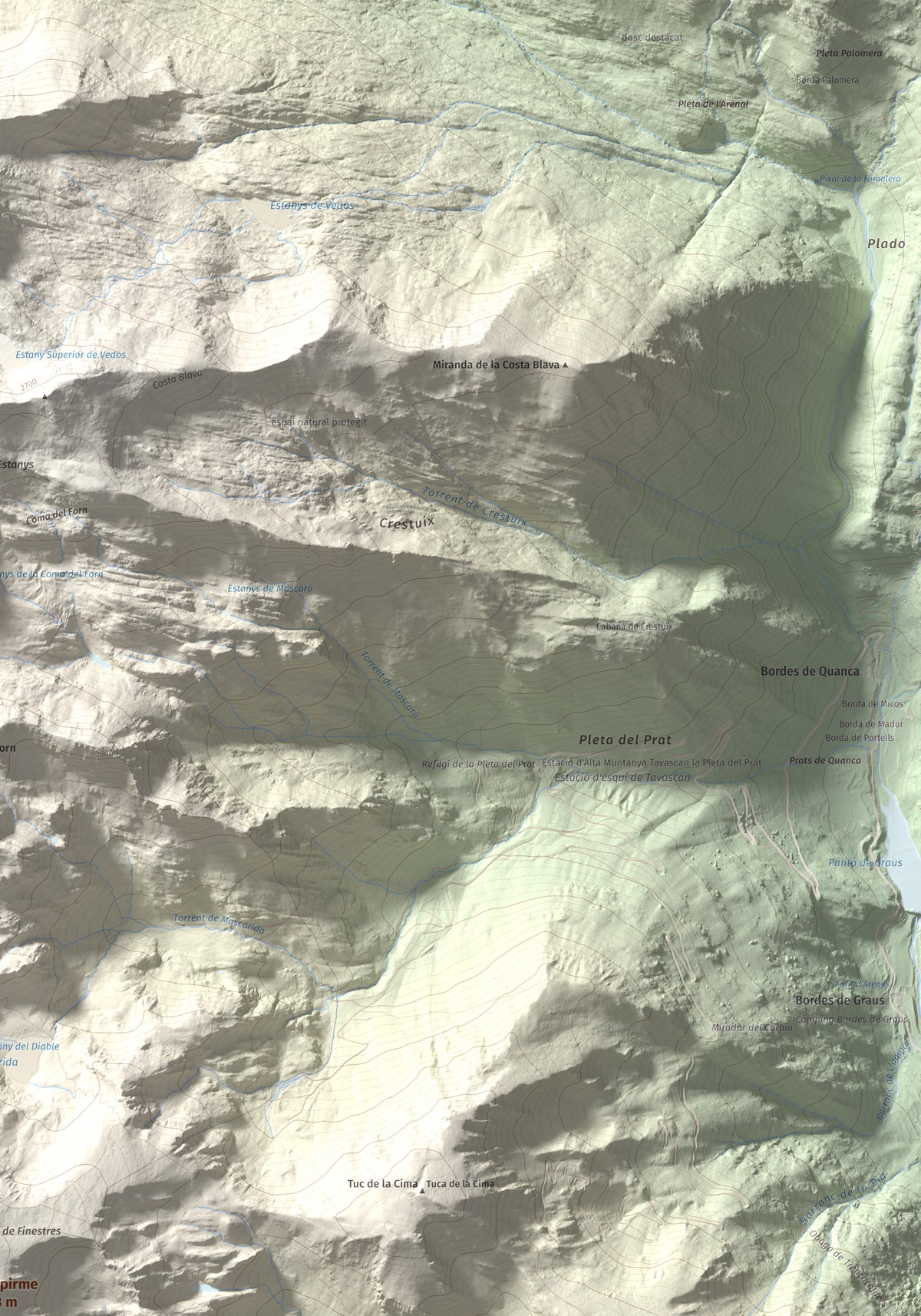 Mapa de relieve de Campirme, 2633 m, Pallars Sobirà, lámina 100 Cims de Trobart. Detalle de la zona superior derecha. 70 × 100 cm.