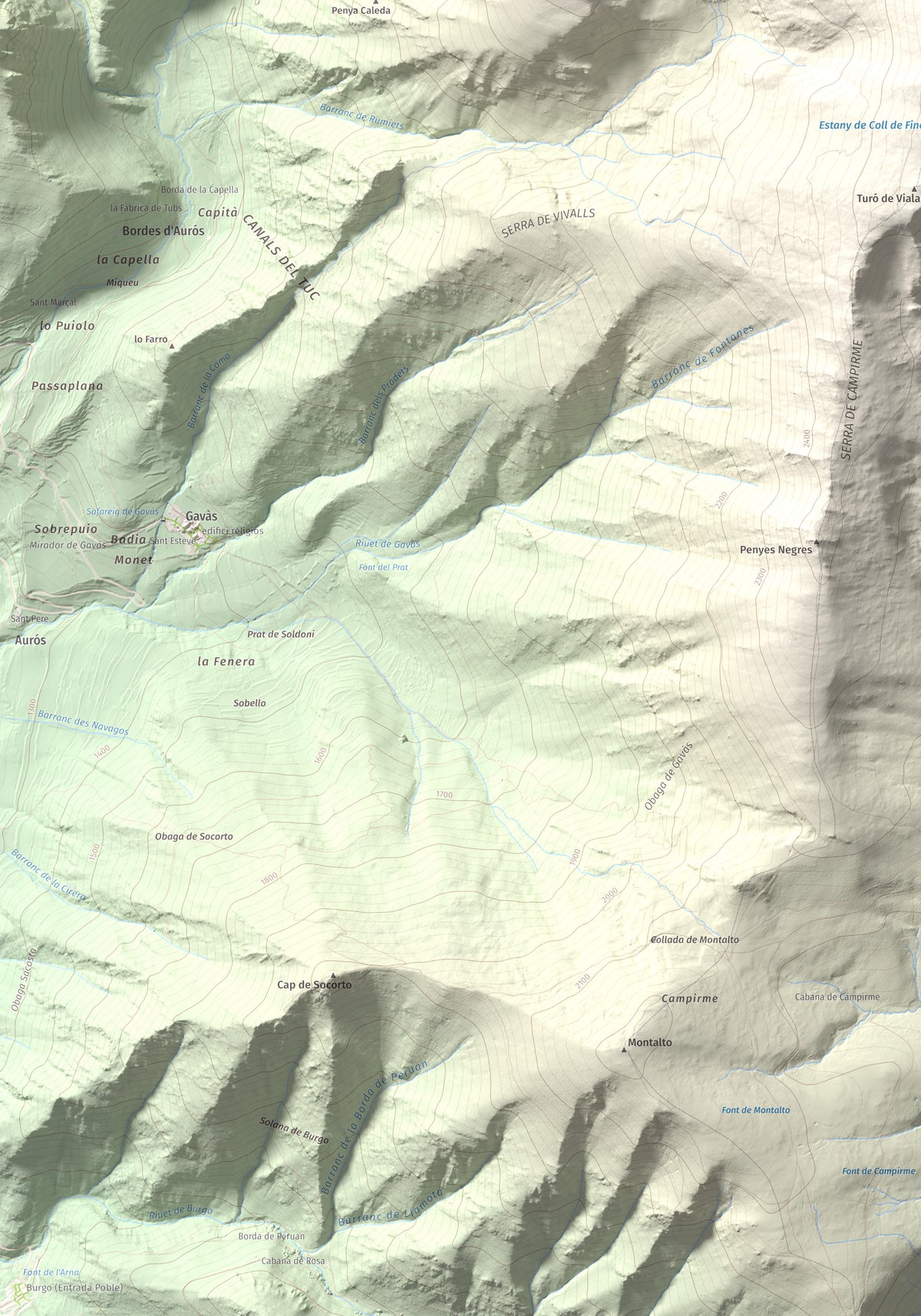 Mapa de relieve de Campirme, 2633 m, Pallars Sobirà, lámina 100 Cims de Trobart. Detalle de la zona inferior izquierda. 70 × 100 cm.