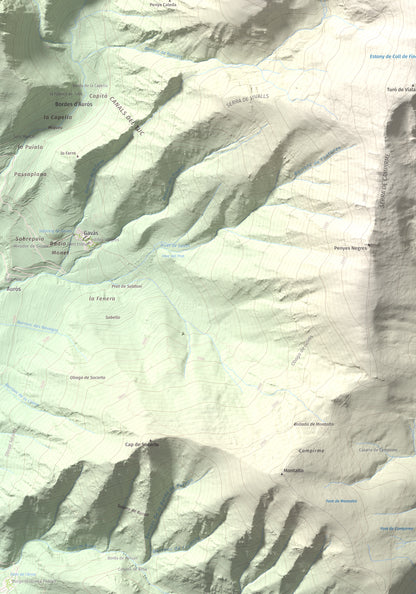 Mapa de relieve de Campirme, 2633 m, Pallars Sobirà, lámina 100 Cims de Trobart. Detalle de la zona inferior izquierda. 70 × 100 cm.