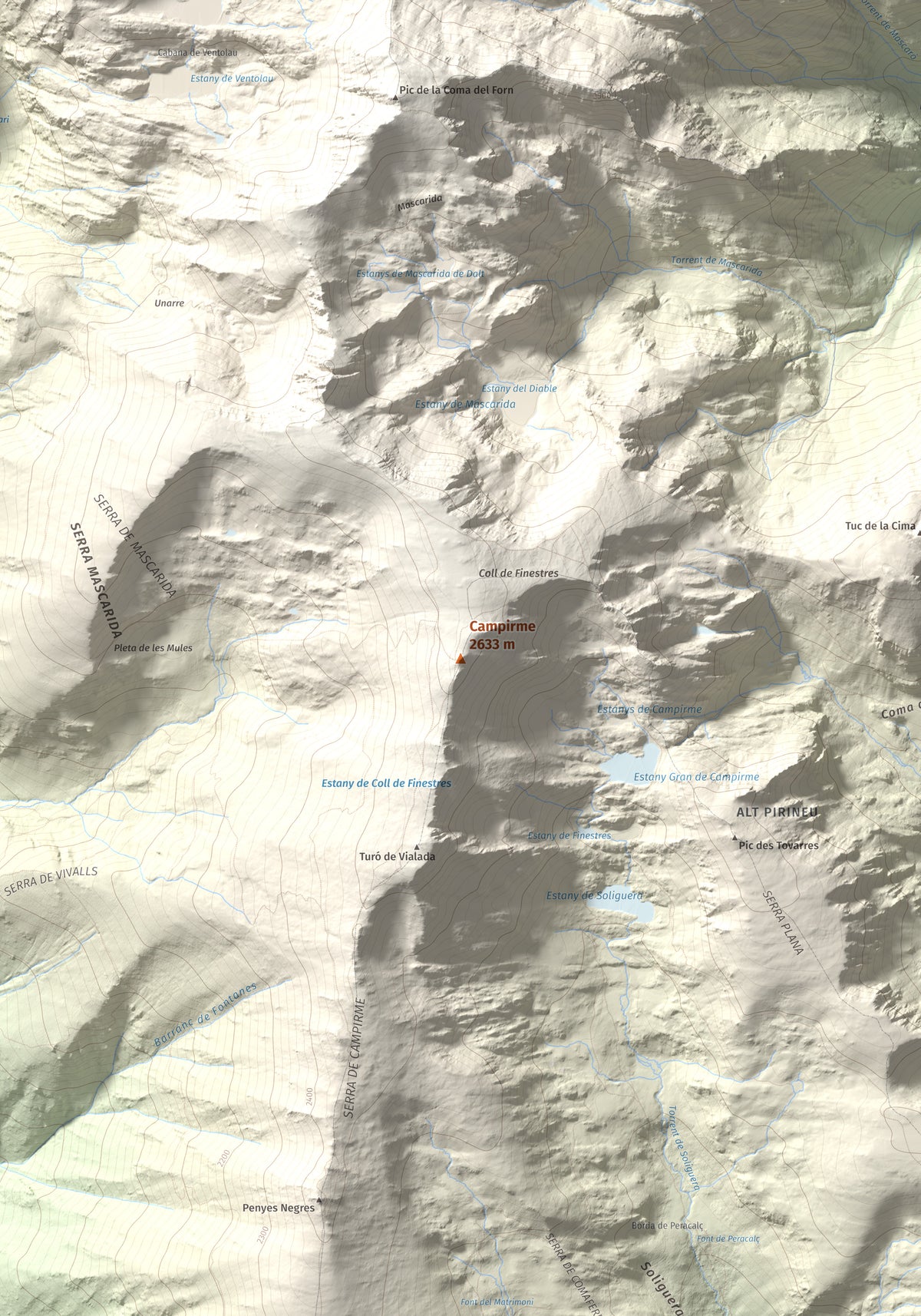 Mapa de relieve de Campirme, 2633 m, Pallars Sobirà, lámina 100 Cims de Trobart. Detalle de la zona central. 70 × 100 cm.