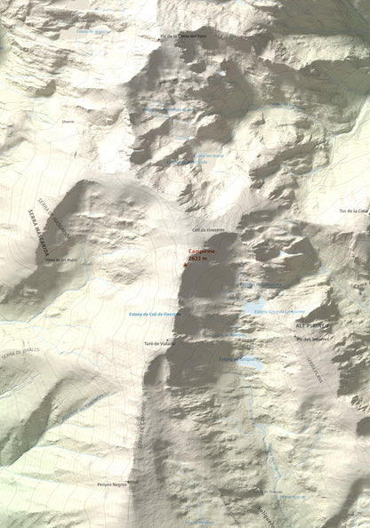 Mapa de relieve de Campirme, 2633 m, Pallars Sobirà, lámina 100 Cims de Trobart. Detalle de la zona central. 70 × 100 cm.