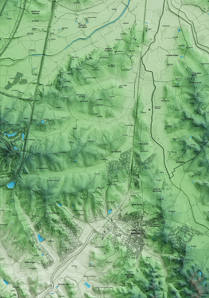 Mapa artístico del relieve de Campllong, al Gironès, con 15 km de entorno y base topográfica ICGC. Detalle de la zona inferior izquierda.