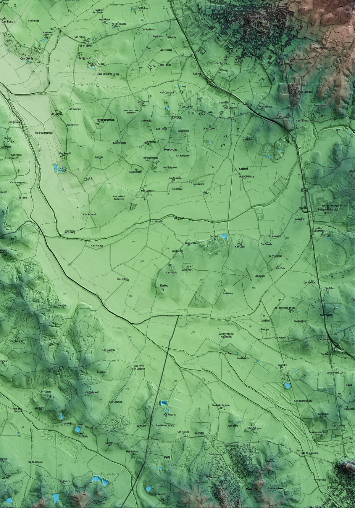 Mapa artístico del relieve de Campllong, al Gironès, con 15 km de entorno y base topográfica ICGC. Detalle de la zona inferior derecha.