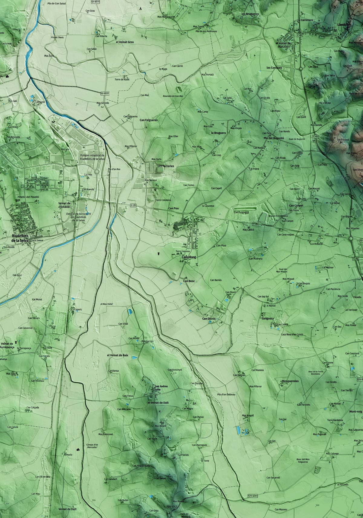 Mapa artístico del relieve de Campllong, al Gironès, con 15 km de entorno y base topográfica ICGC. Detalle de la zona central.