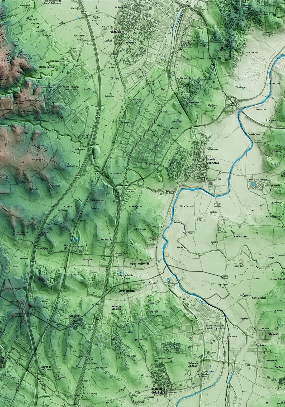 Mapa artístico del relieve de Campllong, al Gironès, con 15 km de entorno y base topográfica ICGC. Detalle de la zona superior izquierda.