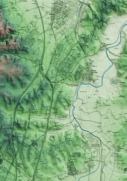 Mapa artístico del relieve de Campllong, al Gironès, con 15 km de entorno y base topográfica ICGC. Detalle de la zona superior izquierda.