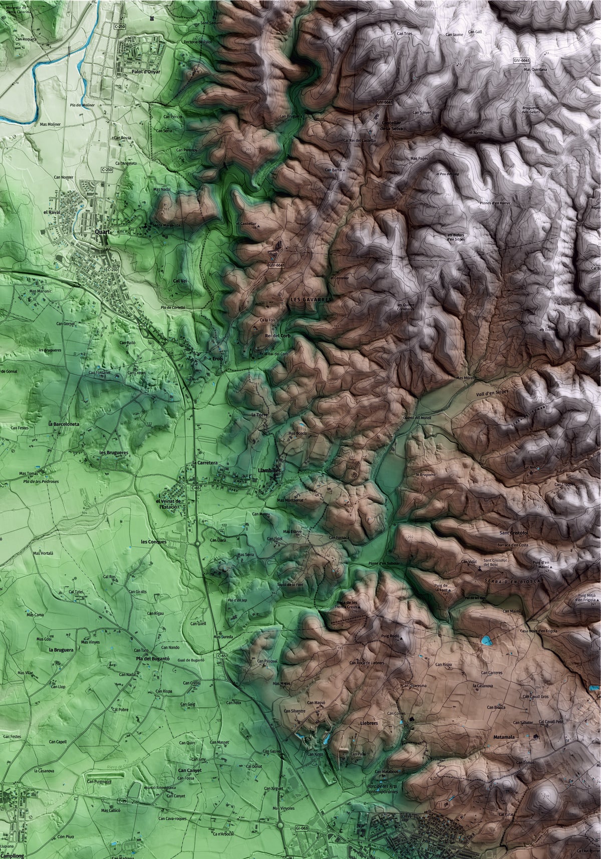 Mapa artístico del relieve de Campllong, al Gironès, con 15 km de entorno y base topográfica ICGC. Detalle de la zona superior derecha.