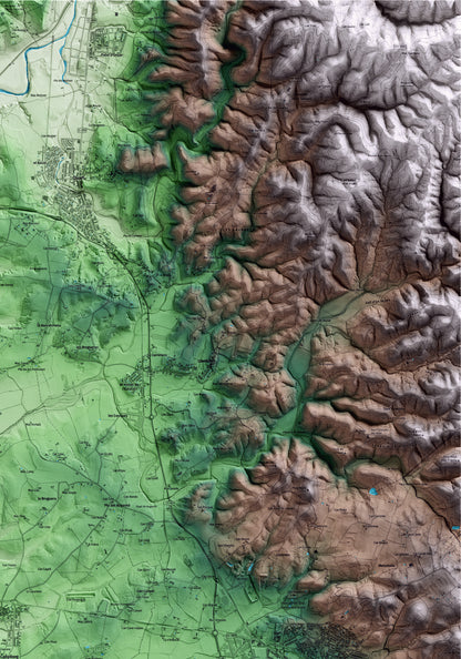 Mapa artístico del relieve de Campllong, al Gironès, con 15 km de entorno y base topográfica ICGC. Detalle de la zona superior derecha.
