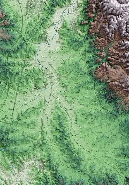 Mapa artístico del relieve de Campllong, al Gironès, con 15 km de entorno y base topográfica ICGC