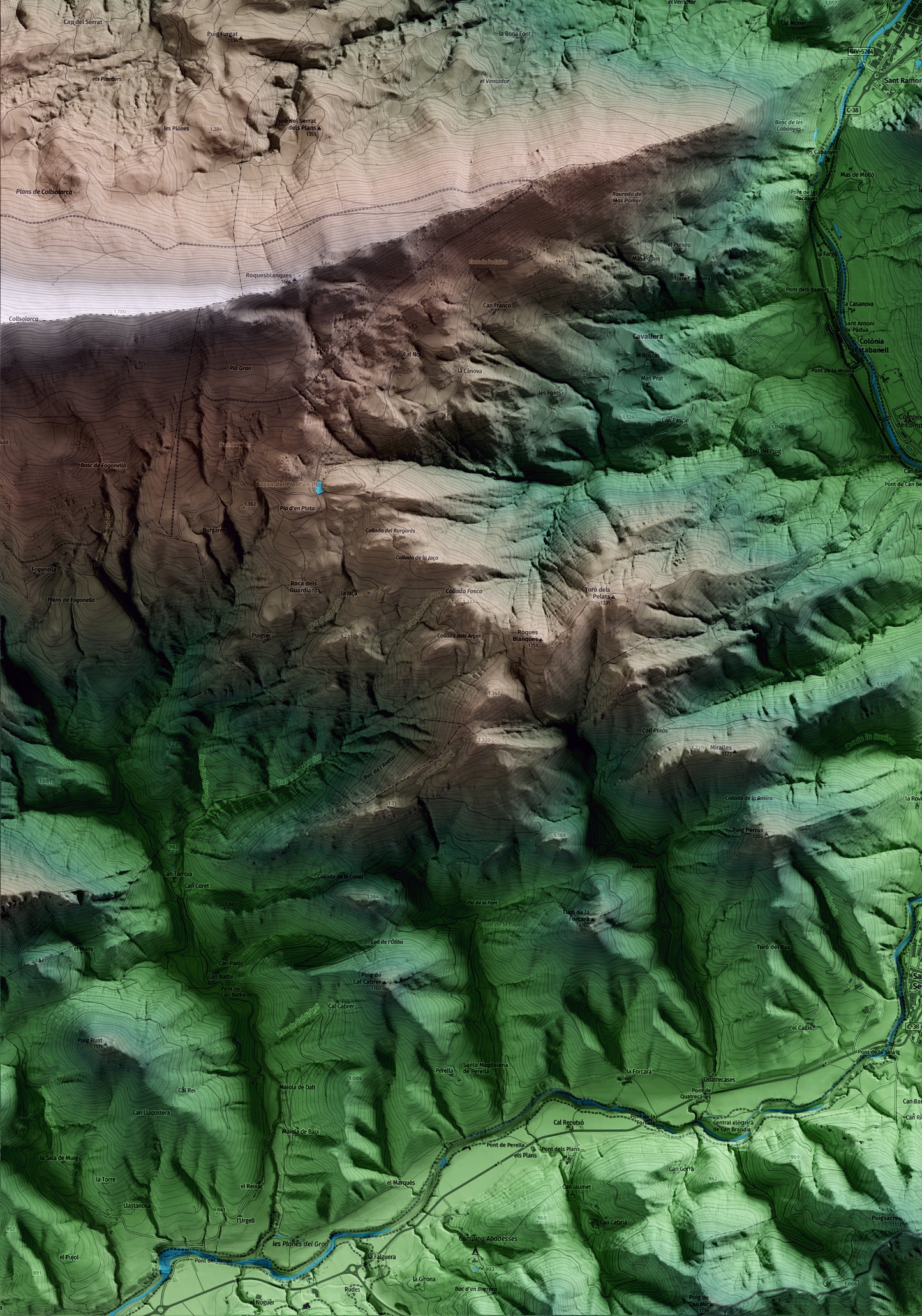 Mapa artístico del relieve de Camprodon, al Ripollès, con 15 km de entorno y base topográfica ICGC. Detalle de la zona inferior izquierda.