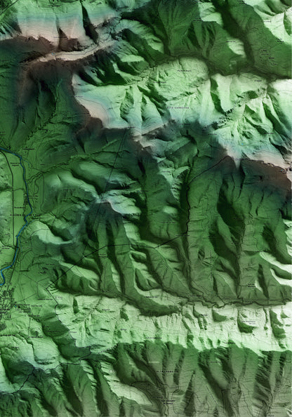 Mapa artístico del relieve de Camprodon, al Ripollès, con 15 km de entorno y base topográfica ICGC. Detalle de la zona inferior derecha.