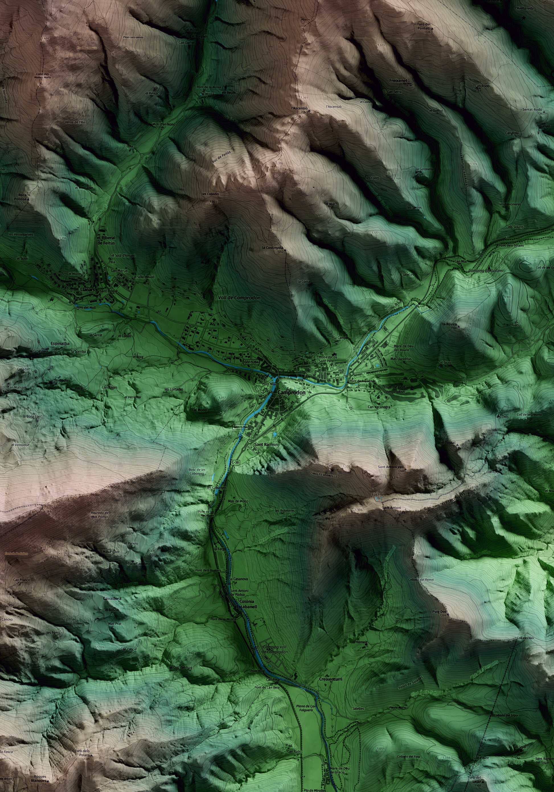Mapa artístico del relieve de Camprodon, al Ripollès, con 15 km de entorno y base topográfica ICGC. Detalle de la zona central.
