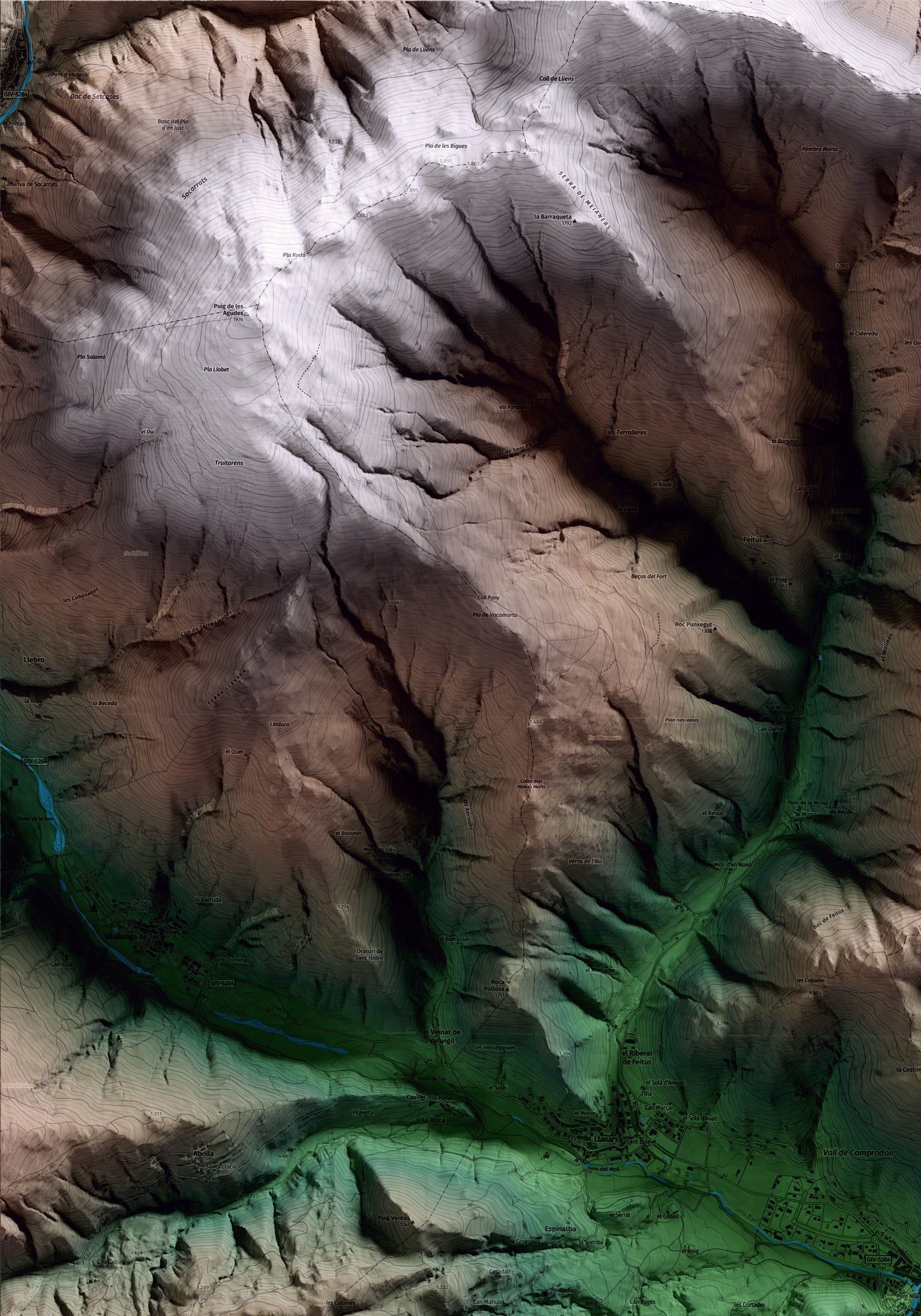 Mapa artístico del relieve de Camprodon, al Ripollès, con 15 km de entorno y base topográfica ICGC. Detalle de la zona superior izquierda.