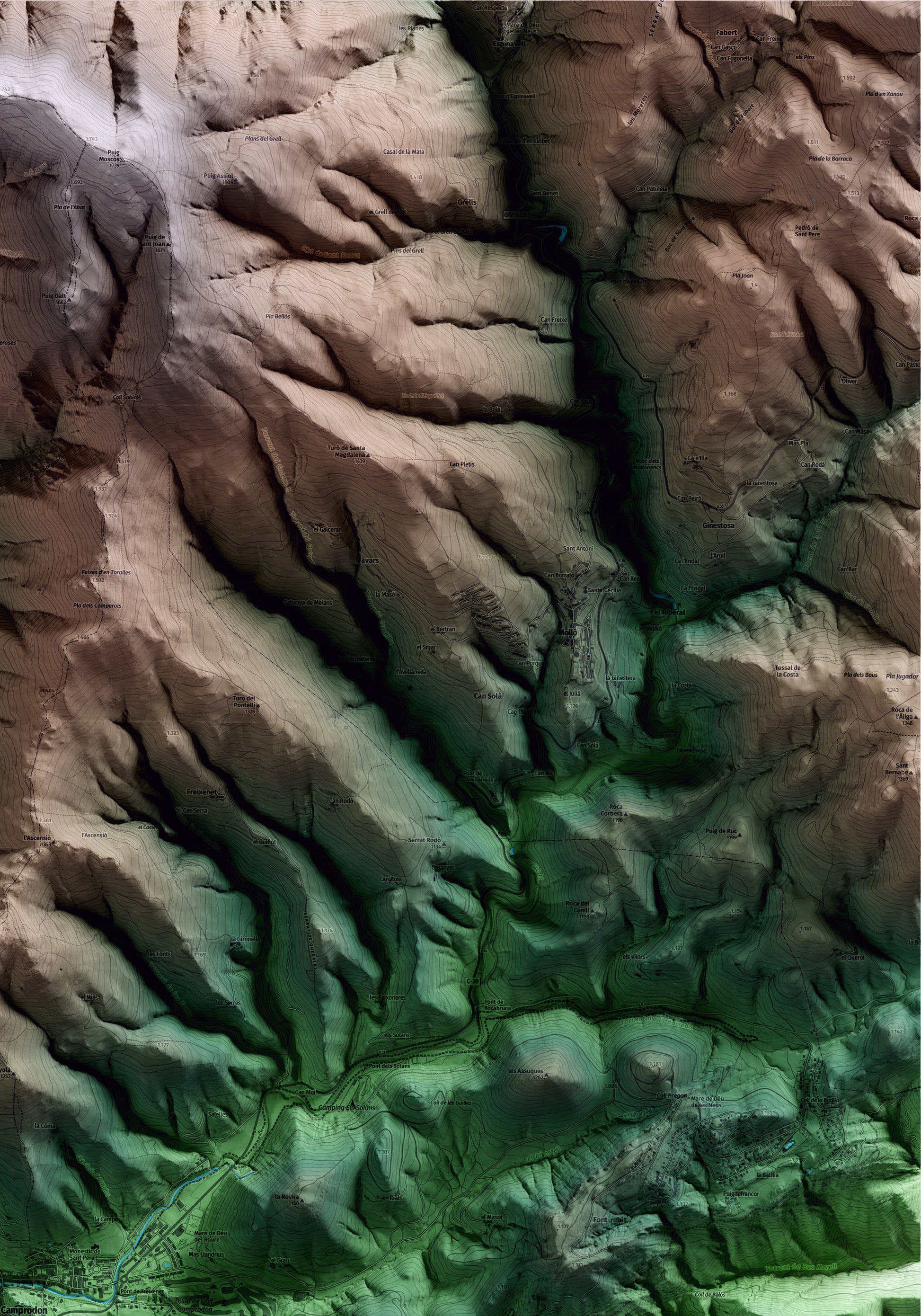 Mapa artístico del relieve de Camprodon, al Ripollès, con 15 km de entorno y base topográfica ICGC. Detalle de la zona superior derecha.