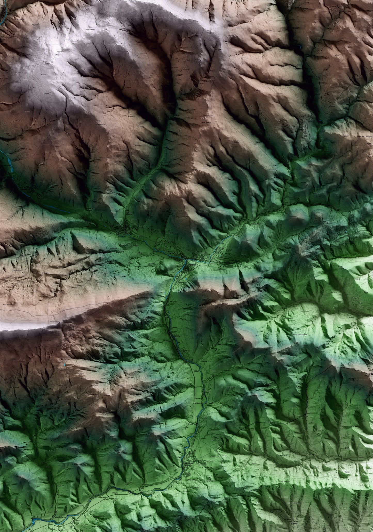 Mapa artístico del relieve de Camprodon, al Ripollès, con 15 km de entorno y base topográfica ICGC