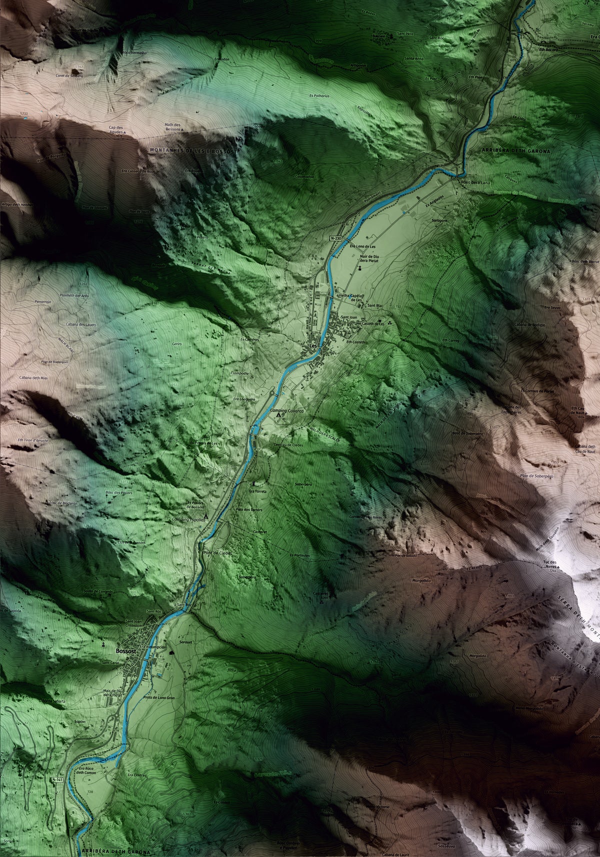 Mapa artístico del relieve de Canejan, al Aran, con 15 km de entorno y base topográfica ICGC. Detalle de la zona inferior izquierda.