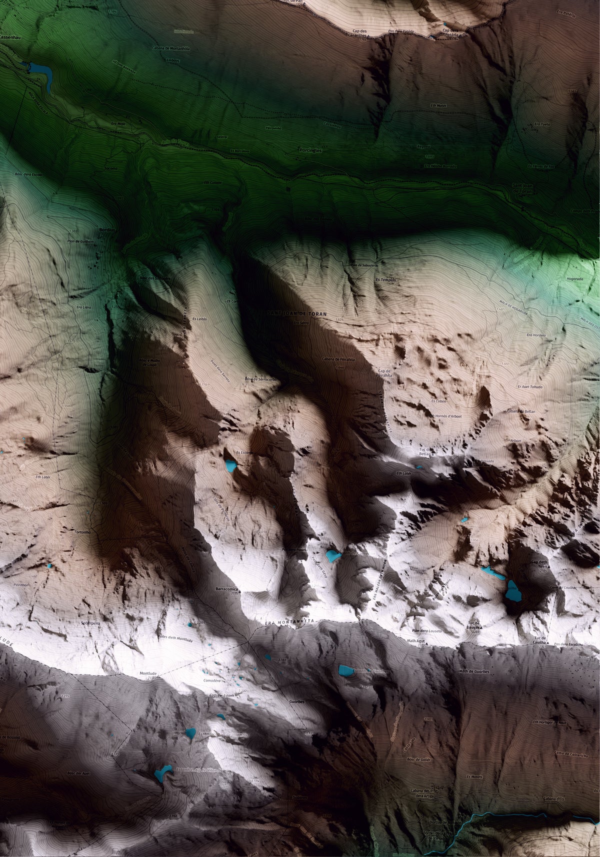 Mapa artístico del relieve de Canejan, al Aran, con 15 km de entorno y base topográfica ICGC. Detalle de la zona inferior derecha.