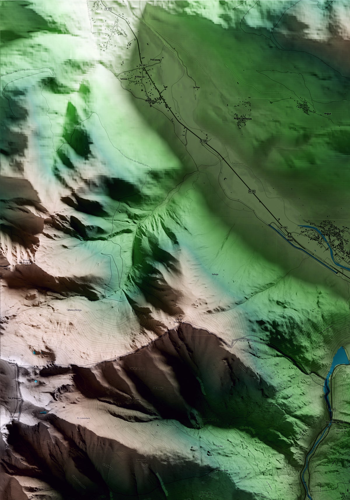 Mapa artístico del relieve de Canejan, al Aran, con 15 km de entorno y base topográfica ICGC. Detalle de la zona superior izquierda.