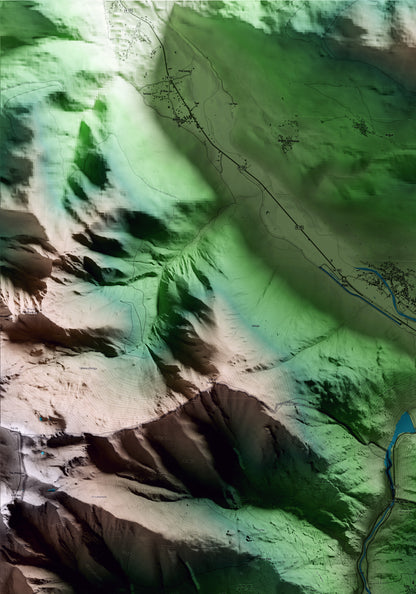 Mapa artístico del relieve de Canejan, al Aran, con 15 km de entorno y base topográfica ICGC. Detalle de la zona superior izquierda.