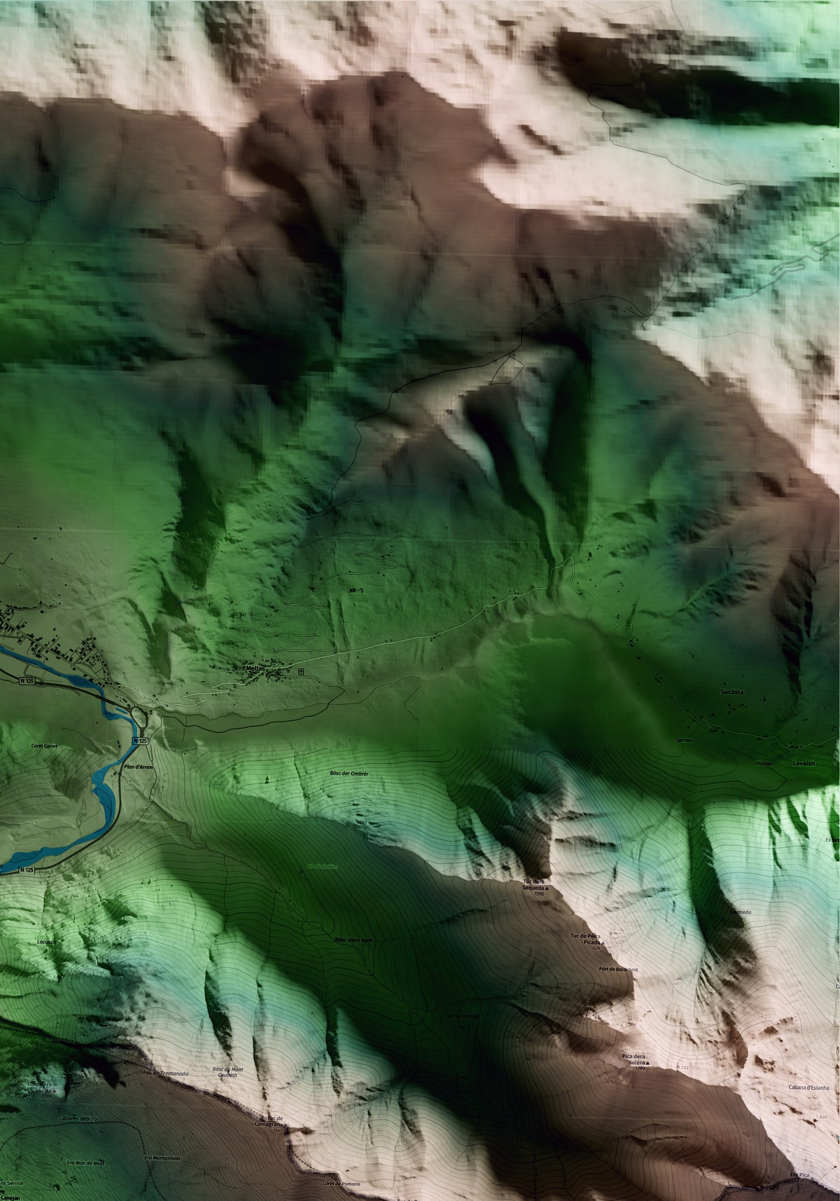 Mapa artístico del relieve de Canejan, al Aran, con 15 km de entorno y base topográfica ICGC. Detalle de la zona superior derecha.