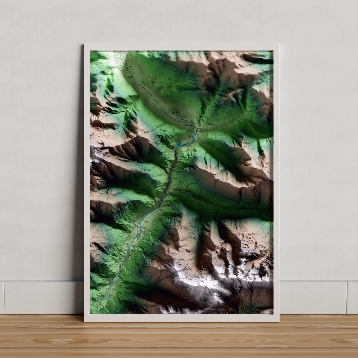 Mapa artístico del relieve de Canejan, al Aran, con 15 km de entorno y base topográfica ICGC. Presentación enmarcada.