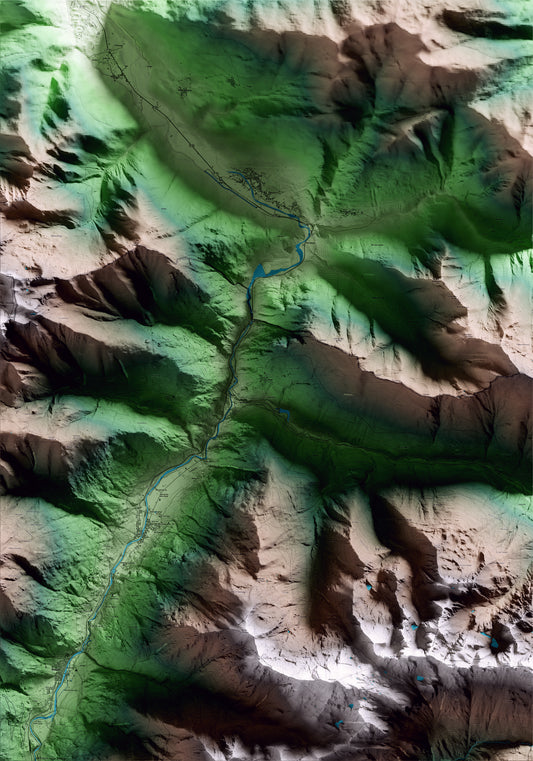Mapa artístico del relieve de Canejan, al Aran, con 15 km de entorno y base topográfica ICGC