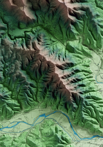 Mapa artístico del relieve de Canet d'Adri, al Gironès, con 15 km de entorno y base topográfica ICGC. Detalle de la zona inferior izquierda.