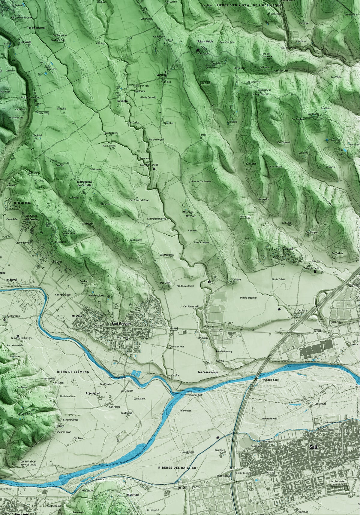 Mapa artístico del relieve de Canet d'Adri, al Gironès, con 15 km de entorno y base topográfica ICGC. Detalle de la zona inferior derecha.