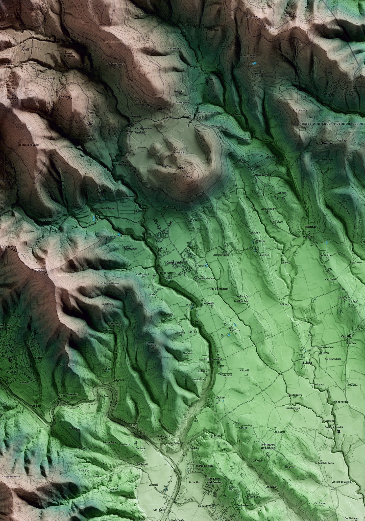 Mapa artístico del relieve de Canet d'Adri, al Gironès, con 15 km de entorno y base topográfica ICGC. Detalle de la zona central.
