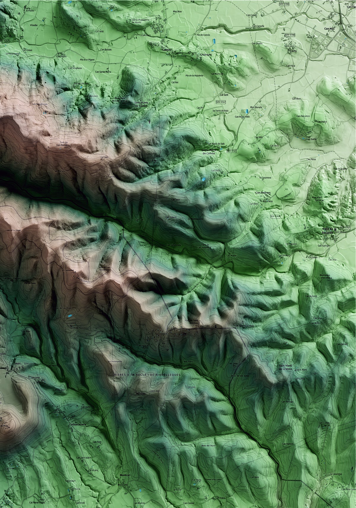 Mapa artístico del relieve de Canet d'Adri, al Gironès, con 15 km de entorno y base topográfica ICGC. Detalle de la zona superior derecha.