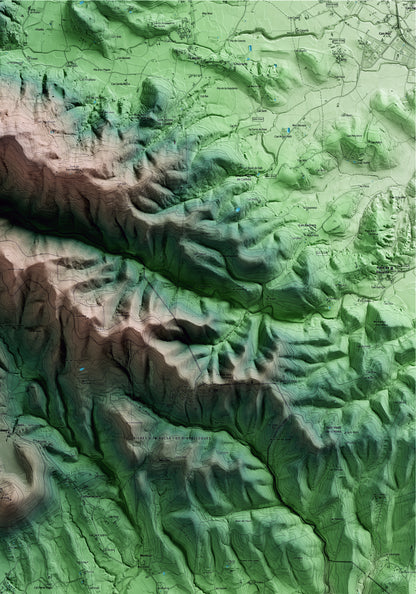 Mapa artístico del relieve de Canet d'Adri, al Gironès, con 15 km de entorno y base topográfica ICGC. Detalle de la zona superior derecha.