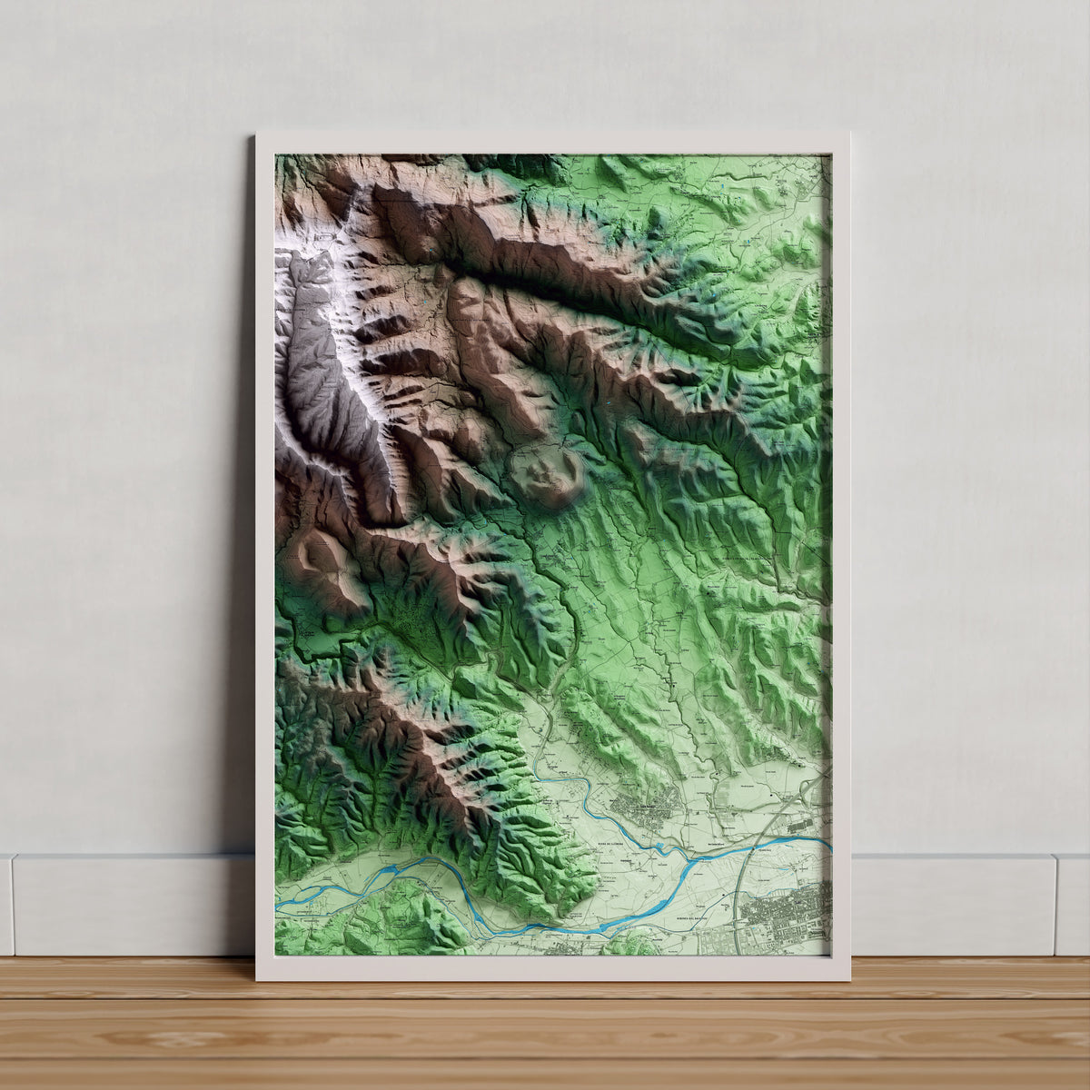 Mapa artístico del relieve de Canet d'Adri, al Gironès, con 15 km de entorno y base topográfica ICGC. Presentación enmarcada.