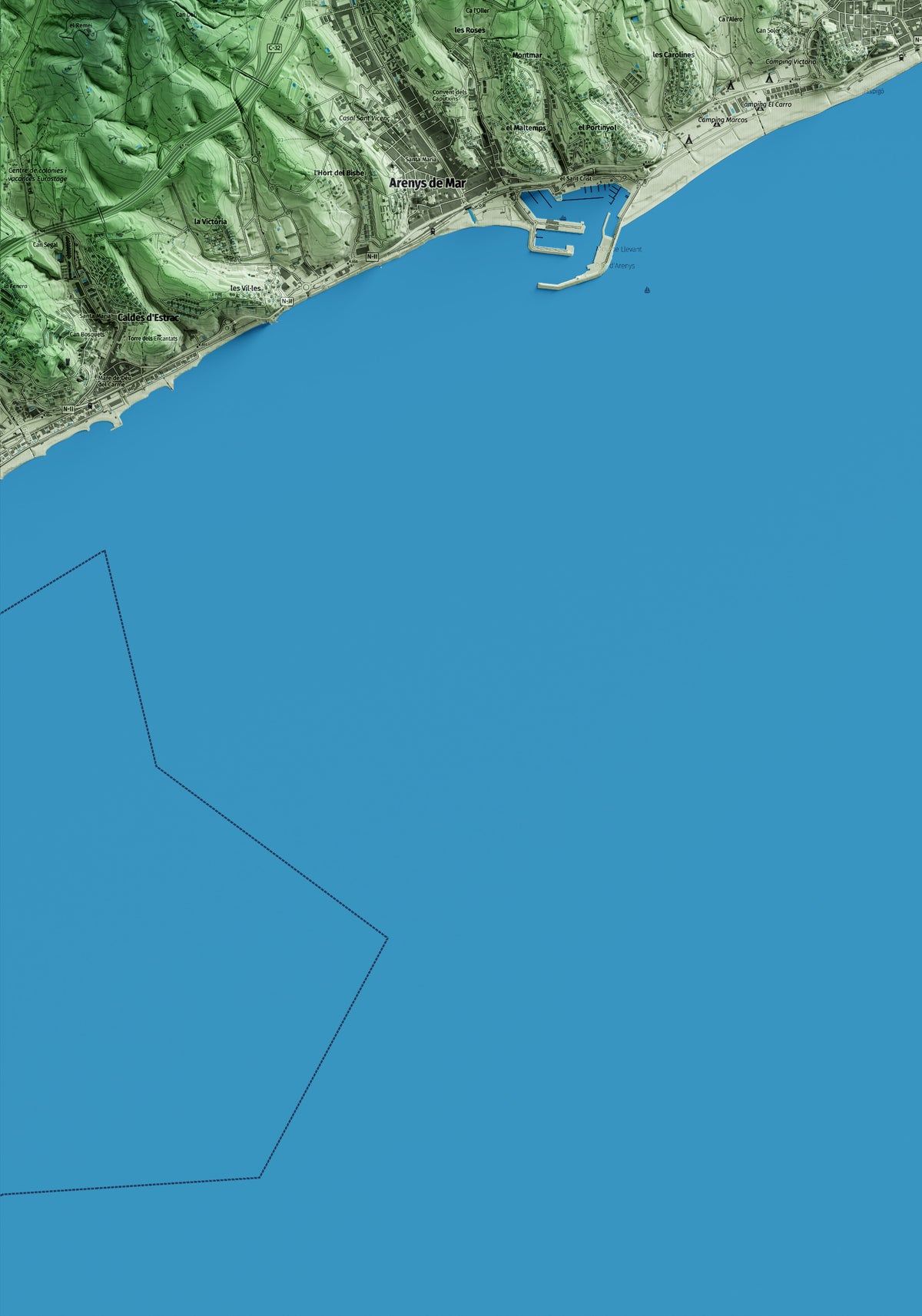 Mapa artístico del relieve de Canet de Mar, al Maresme, con 15 km de entorno y base topográfica ICGC. Detalle de la zona inferior izquierda.
