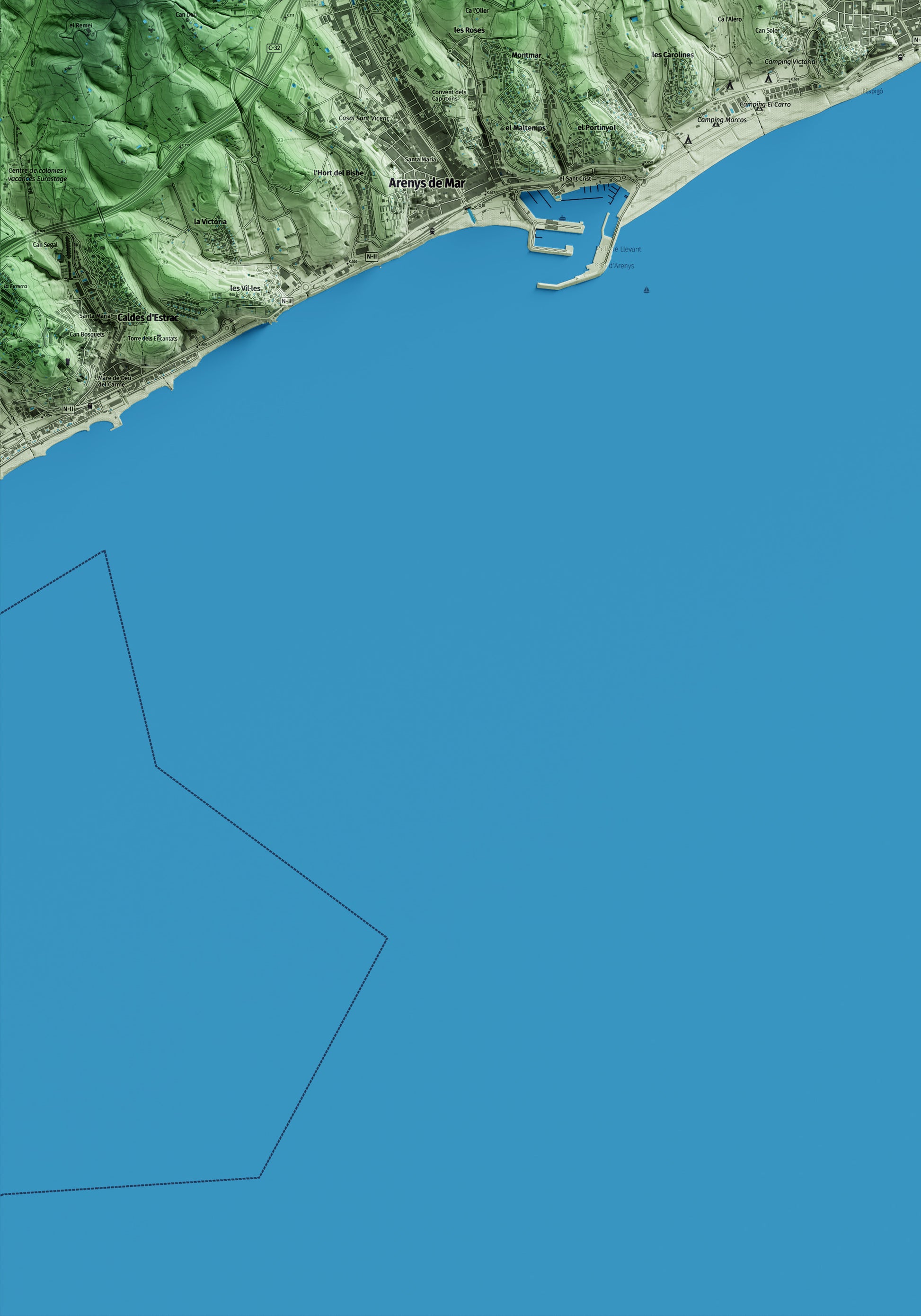 Mapa artístico del relieve de Canet de Mar, al Maresme, con 15 km de entorno y base topográfica ICGC. Detalle de la zona inferior izquierda.