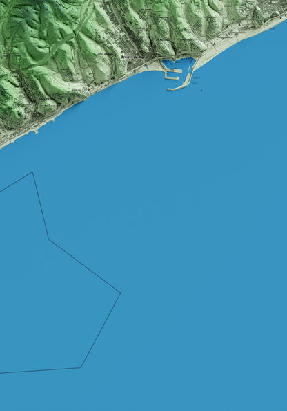 Mapa artístico del relieve de Canet de Mar, al Maresme, con 15 km de entorno y base topográfica ICGC. Detalle de la zona inferior izquierda.