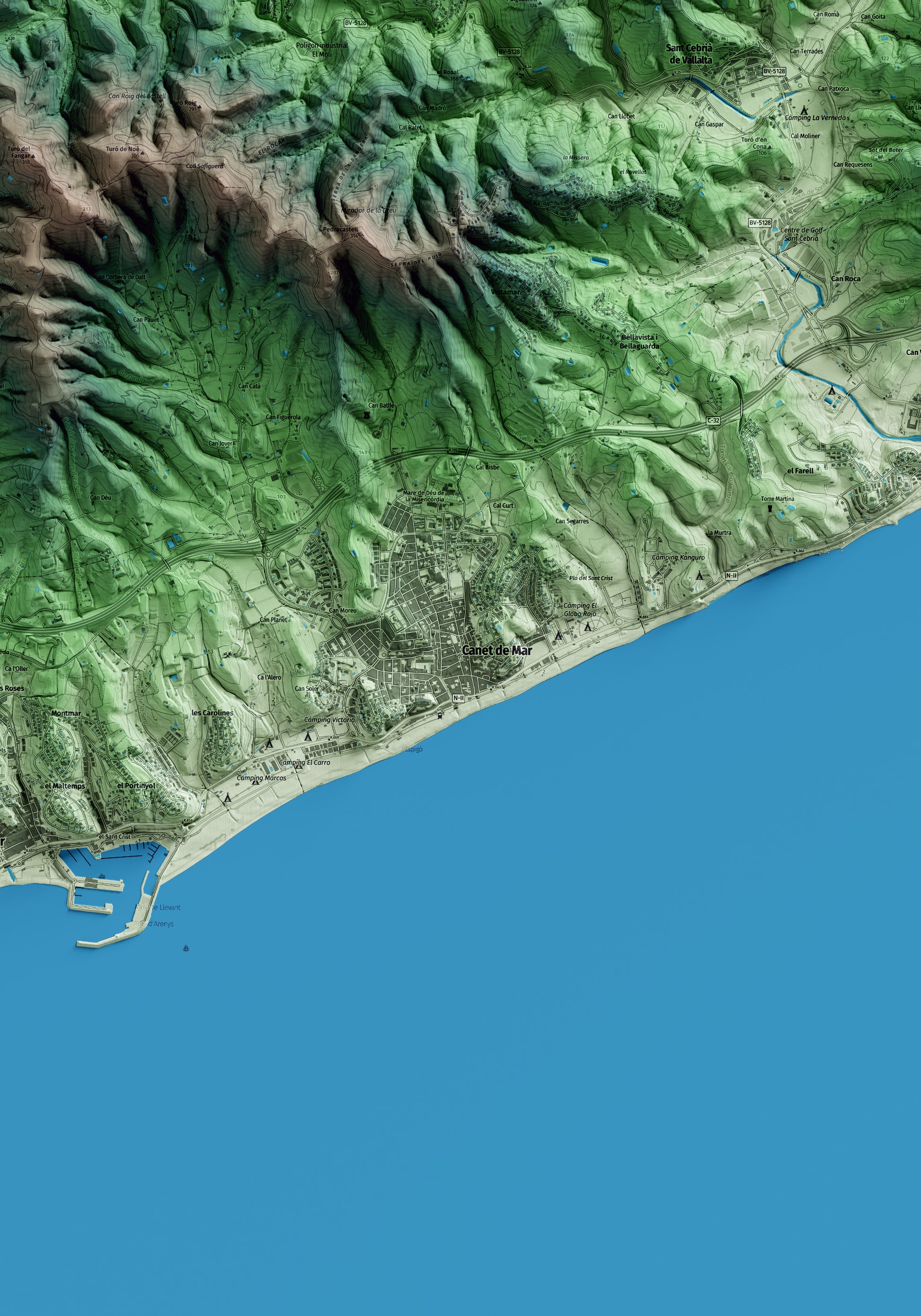 Mapa artístico del relieve de Canet de Mar, al Maresme, con 15 km de entorno y base topográfica ICGC. Detalle de la zona central.