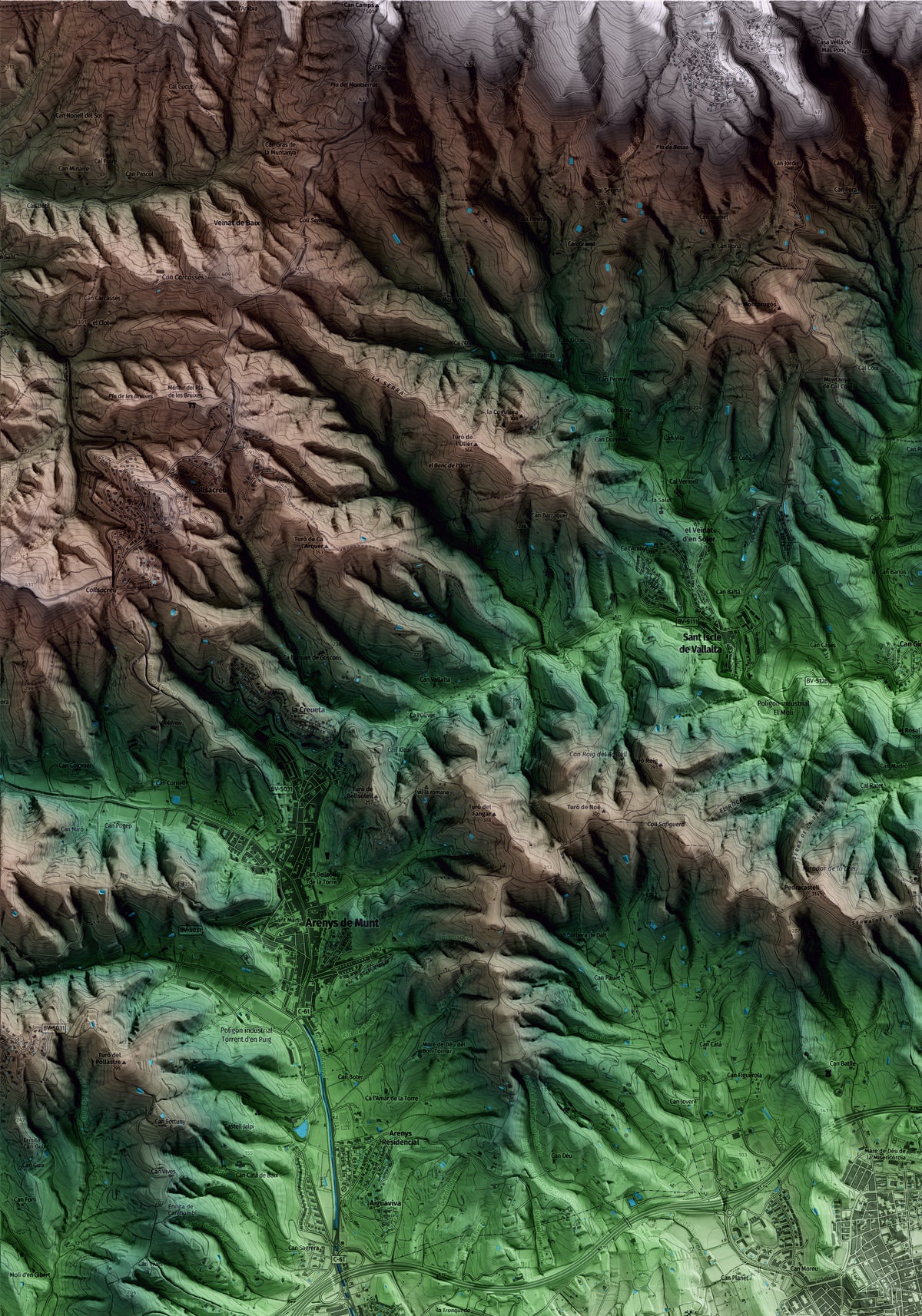 Mapa artístico del relieve de Canet de Mar, al Maresme, con 15 km de entorno y base topográfica ICGC. Detalle de la zona superior izquierda.