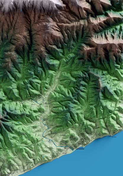 Mapa artístico del relieve de Canet de Mar, al Maresme, con 15 km de entorno y base topográfica ICGC. Detalle de la zona superior derecha.