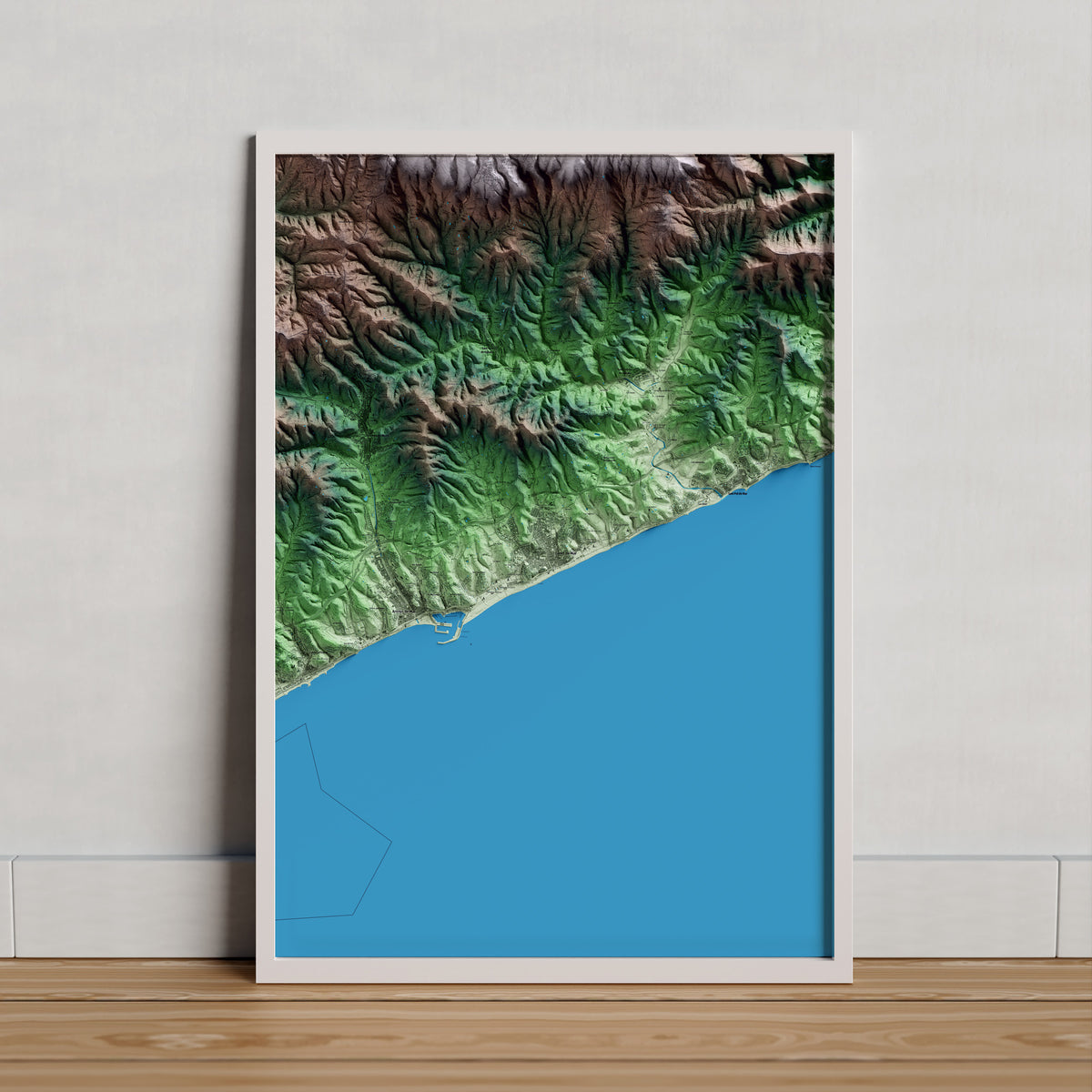 Mapa artístico del relieve de Canet de Mar, al Maresme, con 15 km de entorno y base topográfica ICGC. Presentación enmarcada.