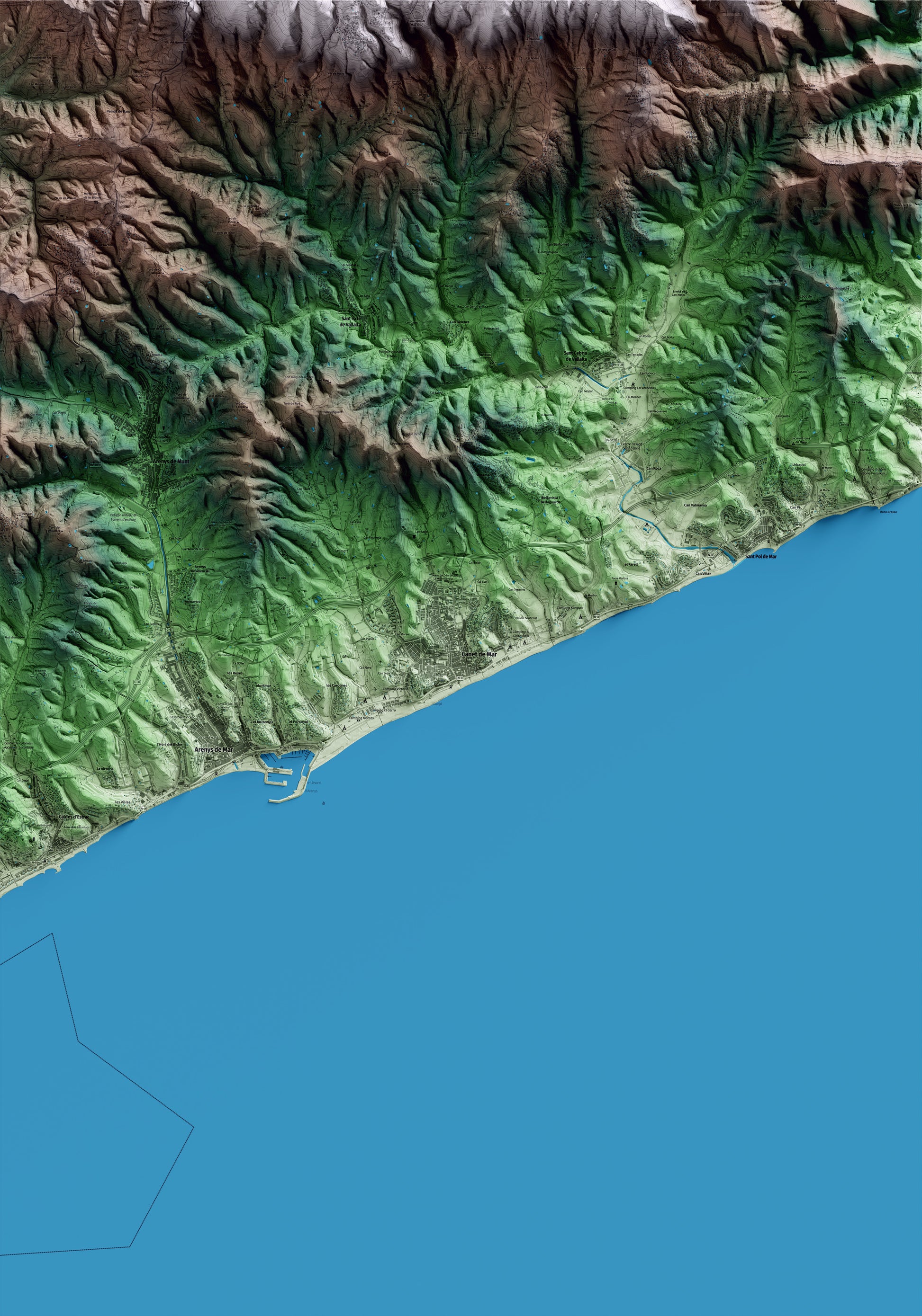 Mapa artístico del relieve de Canet de Mar, al Maresme, con 15 km de entorno y base topográfica ICGC