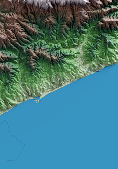 Mapa artístico del relieve de Canet de Mar, al Maresme, con 15 km de entorno y base topográfica ICGC